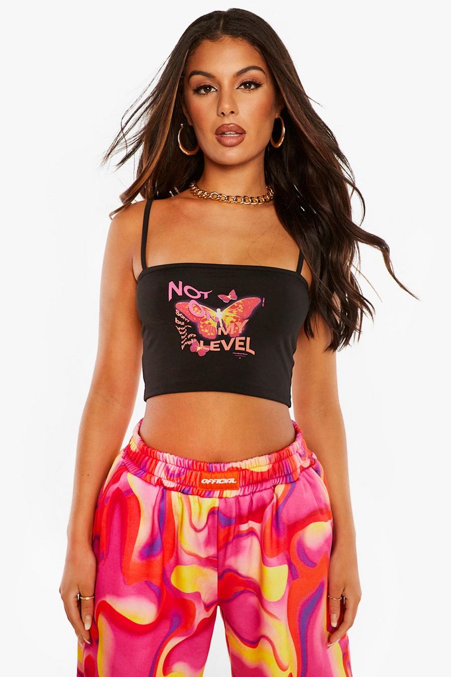 Black Butterfly Print Strappy Crop Top image number 1