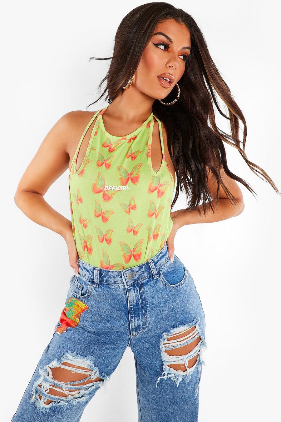 Lime Butterfly Print Cut Out Strappy Bodysuit image number 1