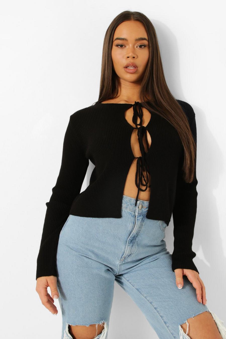 Black Lace Up Cropped Cardigan image number 1