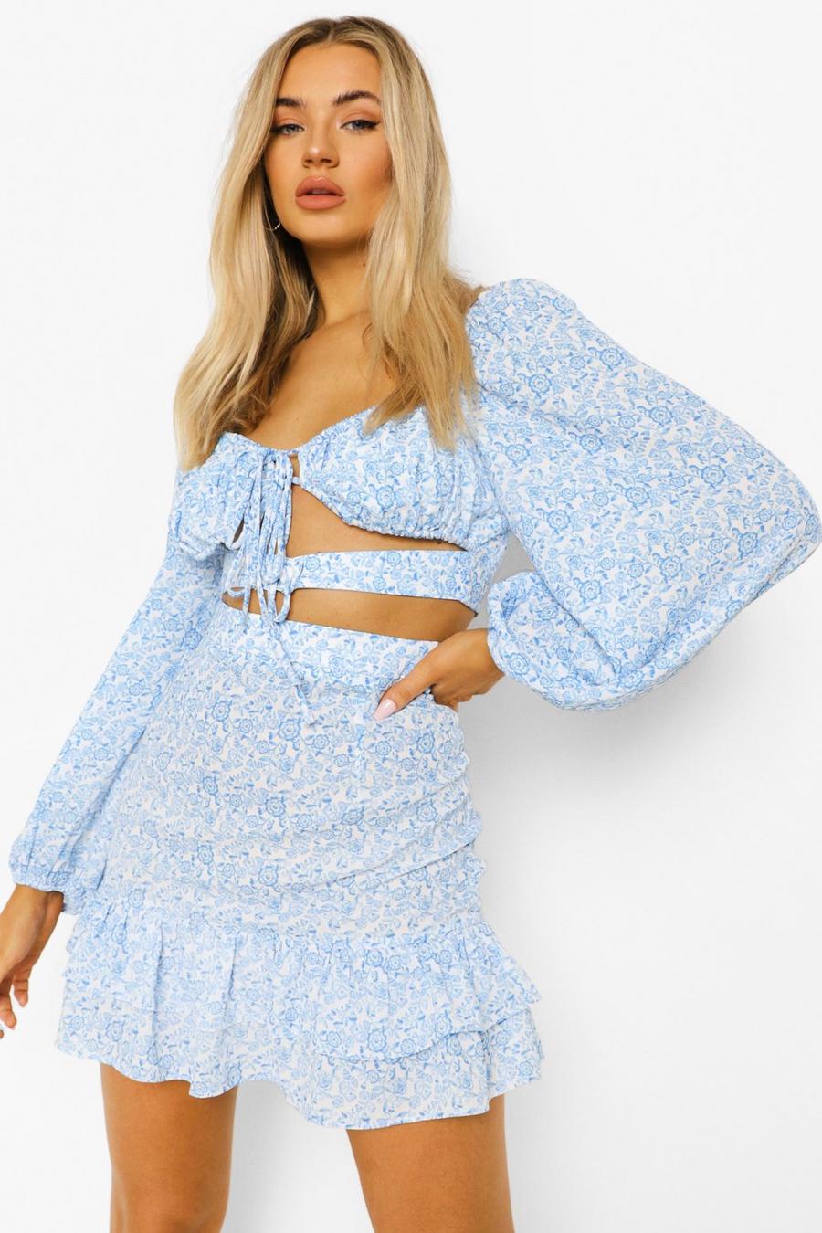 Blue Floral Cut Out Ruffle Skirt Two-Piece