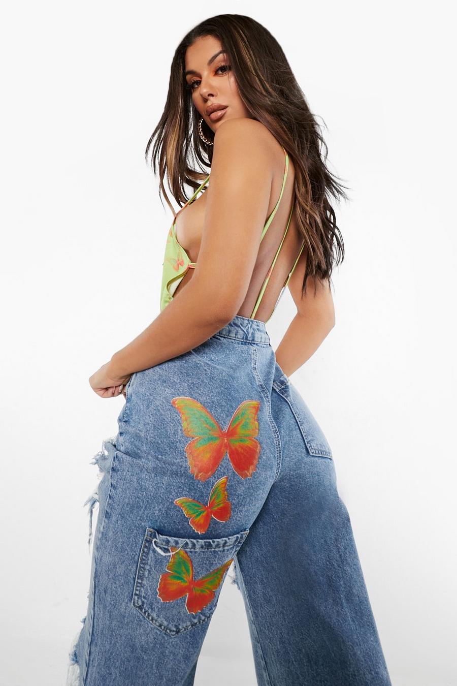 Light blue Distressed Butterfly Print Boyfriend Jeans image number 1