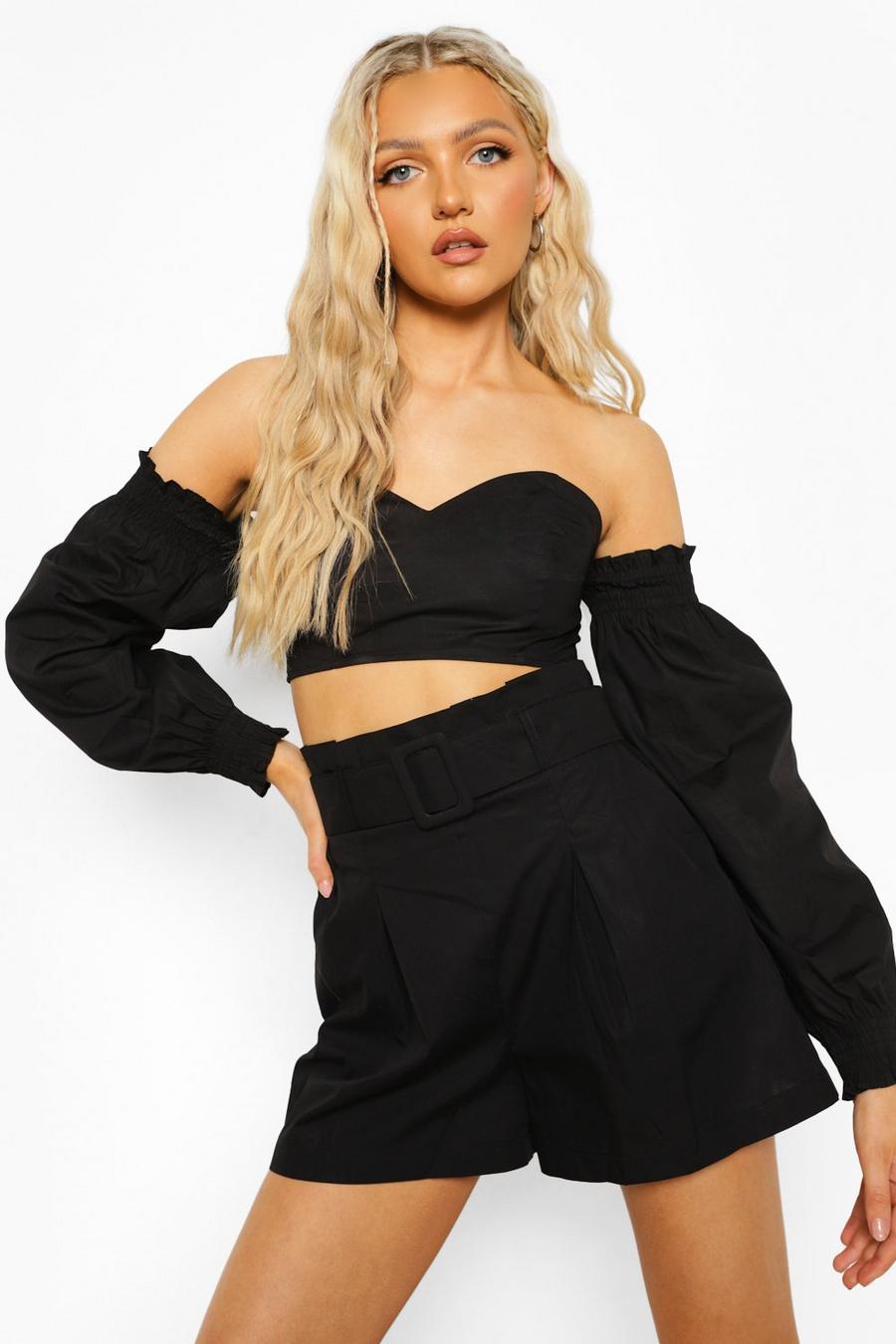 Black Cotton Off The Shoulder Top And Belted Short Two-Piece image number 1