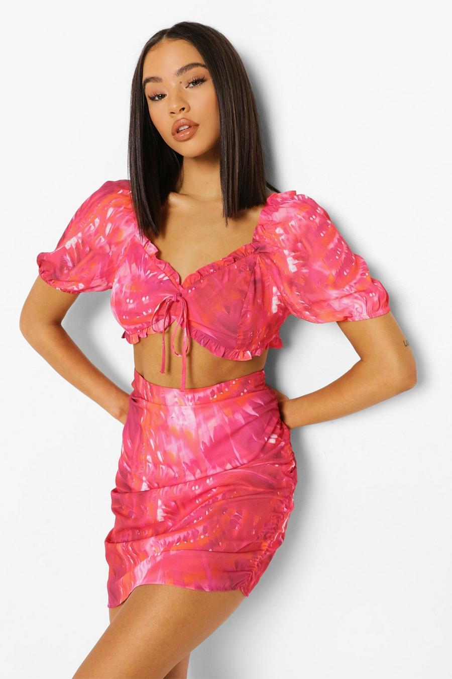 Pink Tie Dye Ruched Bust Two-Piece image number 1