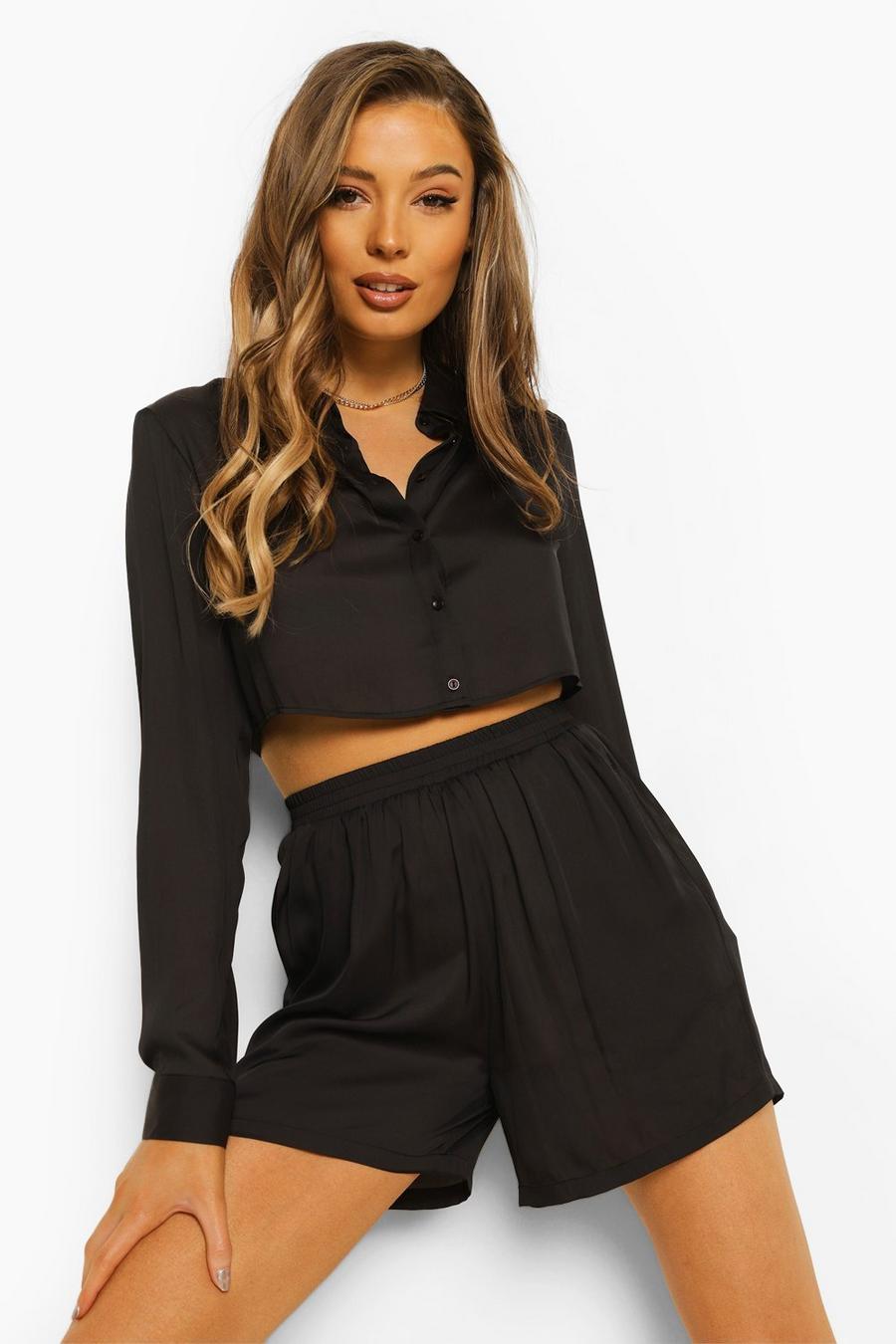 Black Satin Cropped Shirt And Short Co-ord image number 1