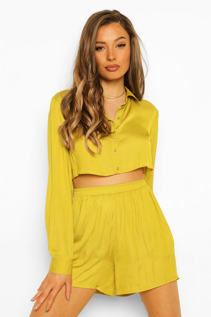 Chartreuse Satin Cropped Shirt And Short Two-Piece image number 1