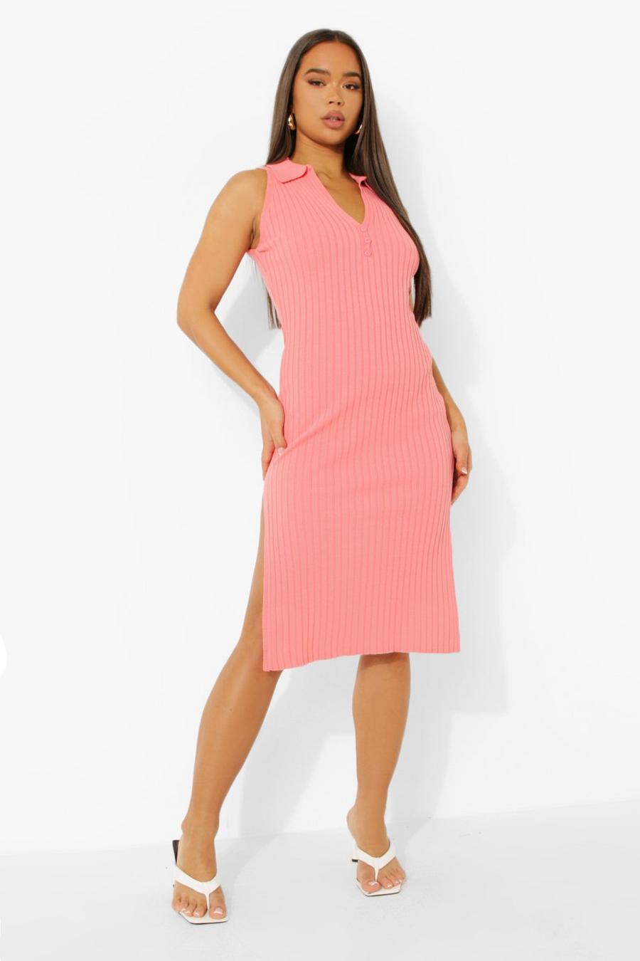 Coral Button Up Polo Knitted Midi Dress image number 1