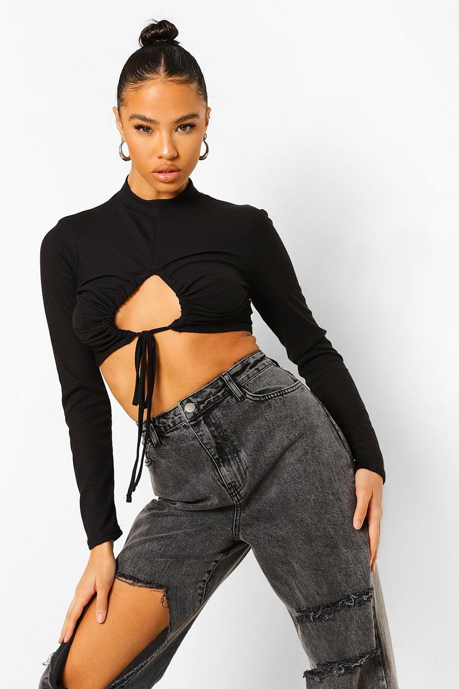 Black Cut Out Long Sleeve Crop Top image number 1