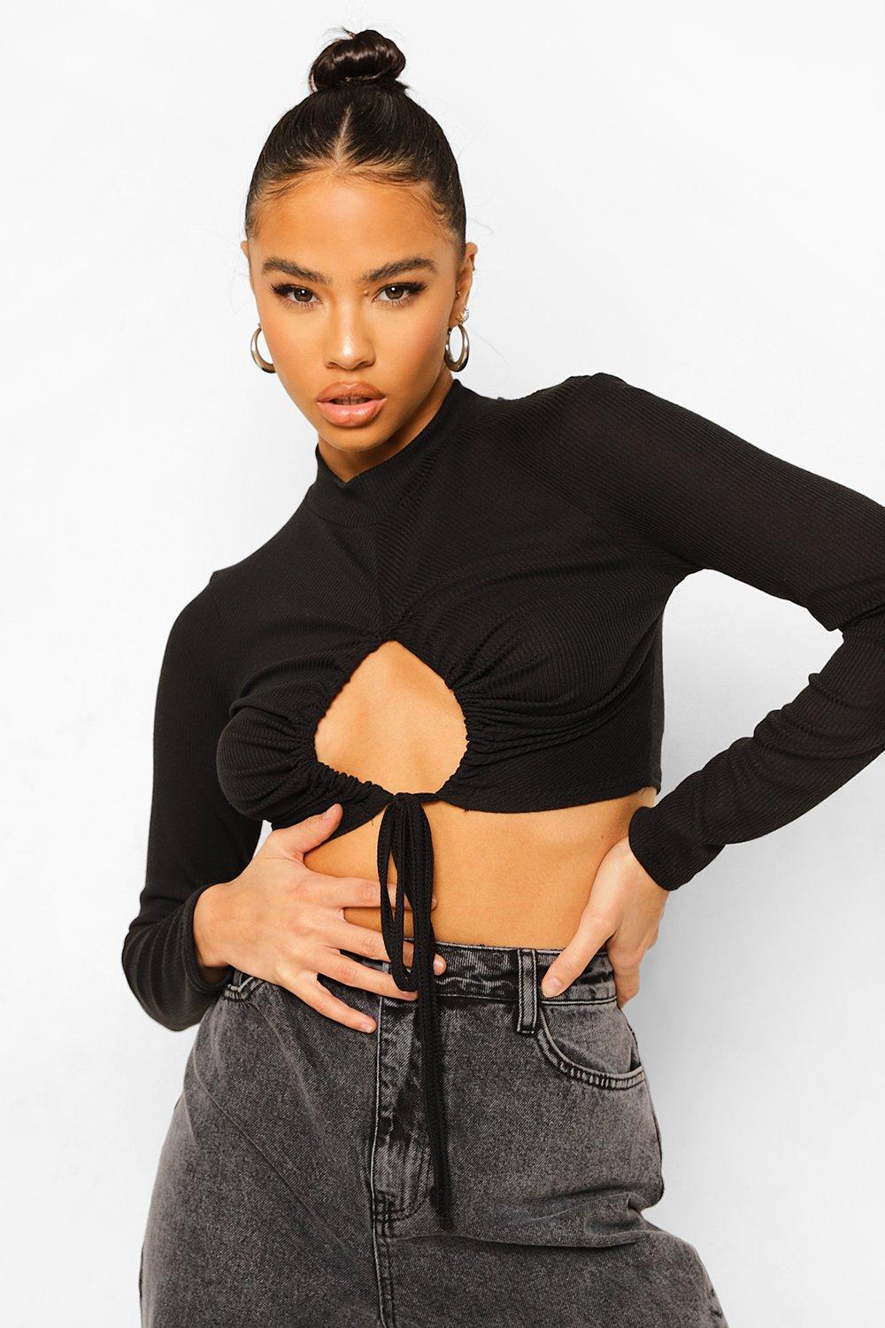 Black Cut Out Crop Top Long Sleeve