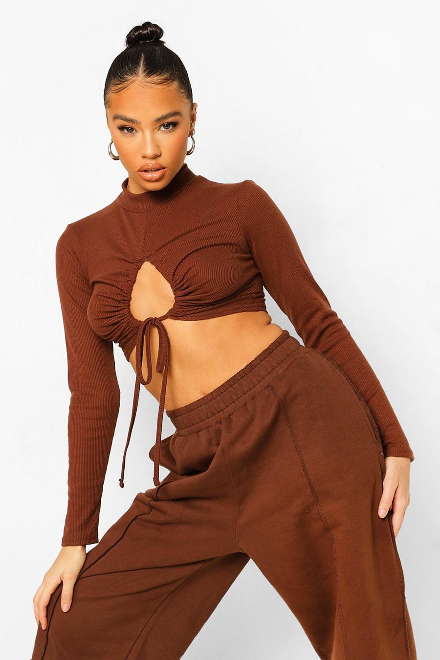 Chocolate Cut Out Long Sleeve Crop Top image number 1
