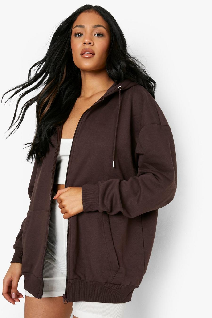 Chocolate Tall Zip Through Oversized Hoodie image number 1