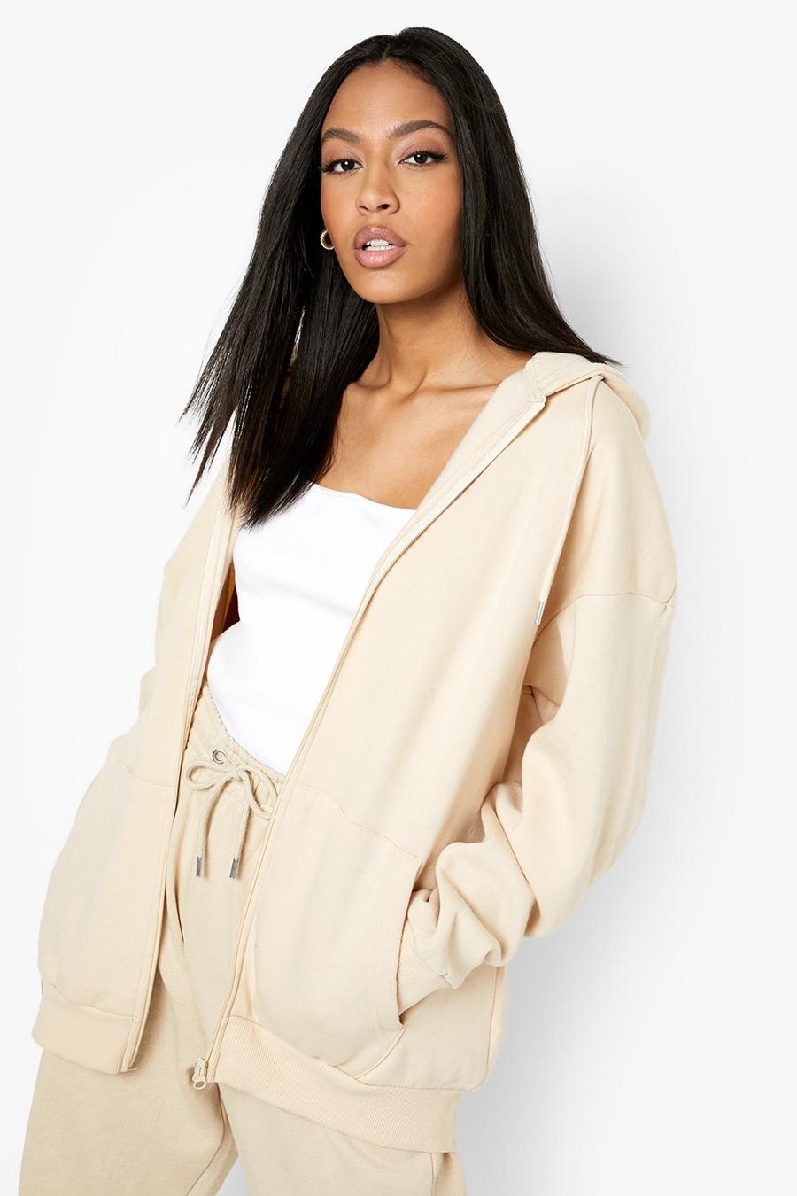 Stone beige Tall Recycled Zip Through Oversized Hoodie
