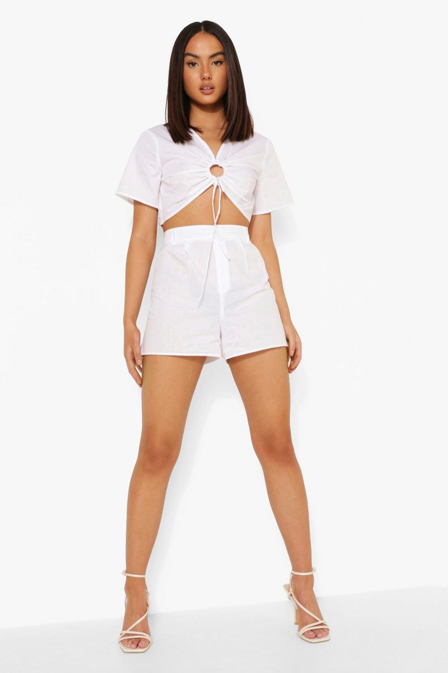 White Cotton Poplin Rouched Top And Short Two-Piece image number 1