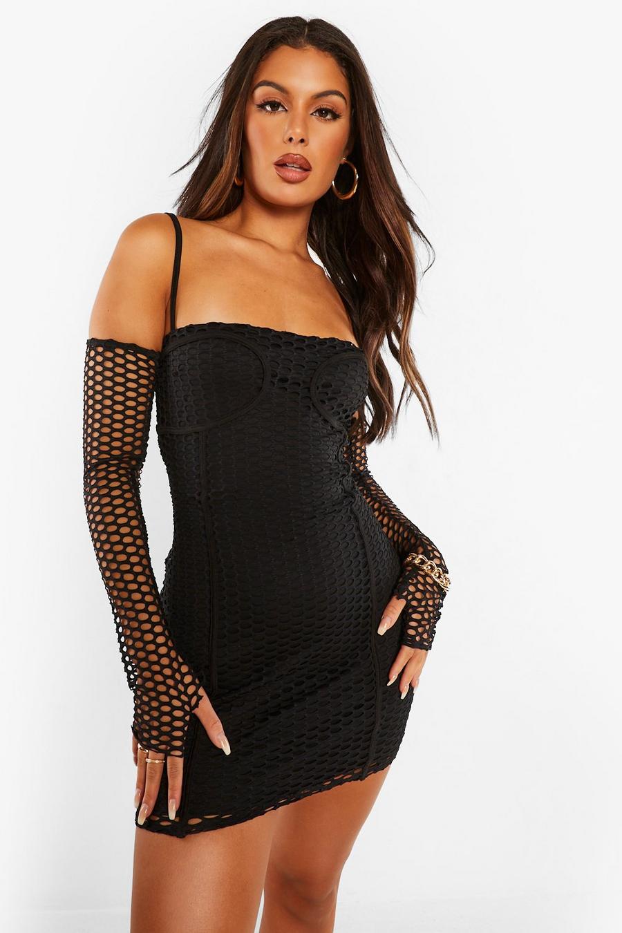 Black Fish Net Mini Dress With Gloves image number 1