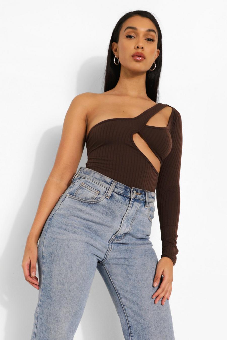 Chocolate Cut Out Asymmetric One Sleeve Bodysuit image number 1