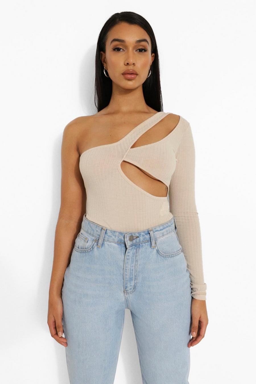 Light beige Cut Out Asymmetric One Sleeve Bodysuit image number 1