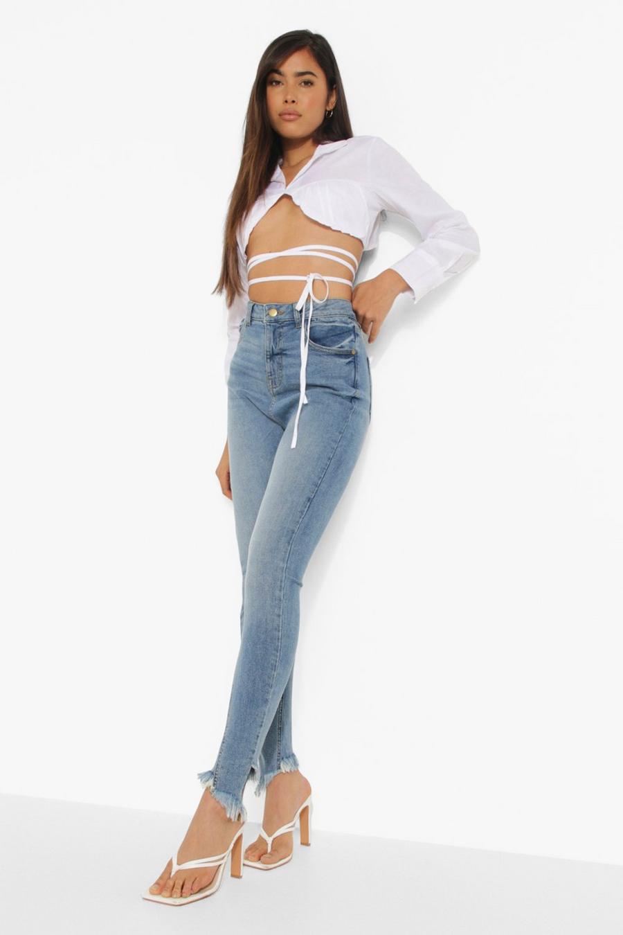 Zerrissene Skinny Jeans mit asymmetrischem Saum, Mid blue image number 1