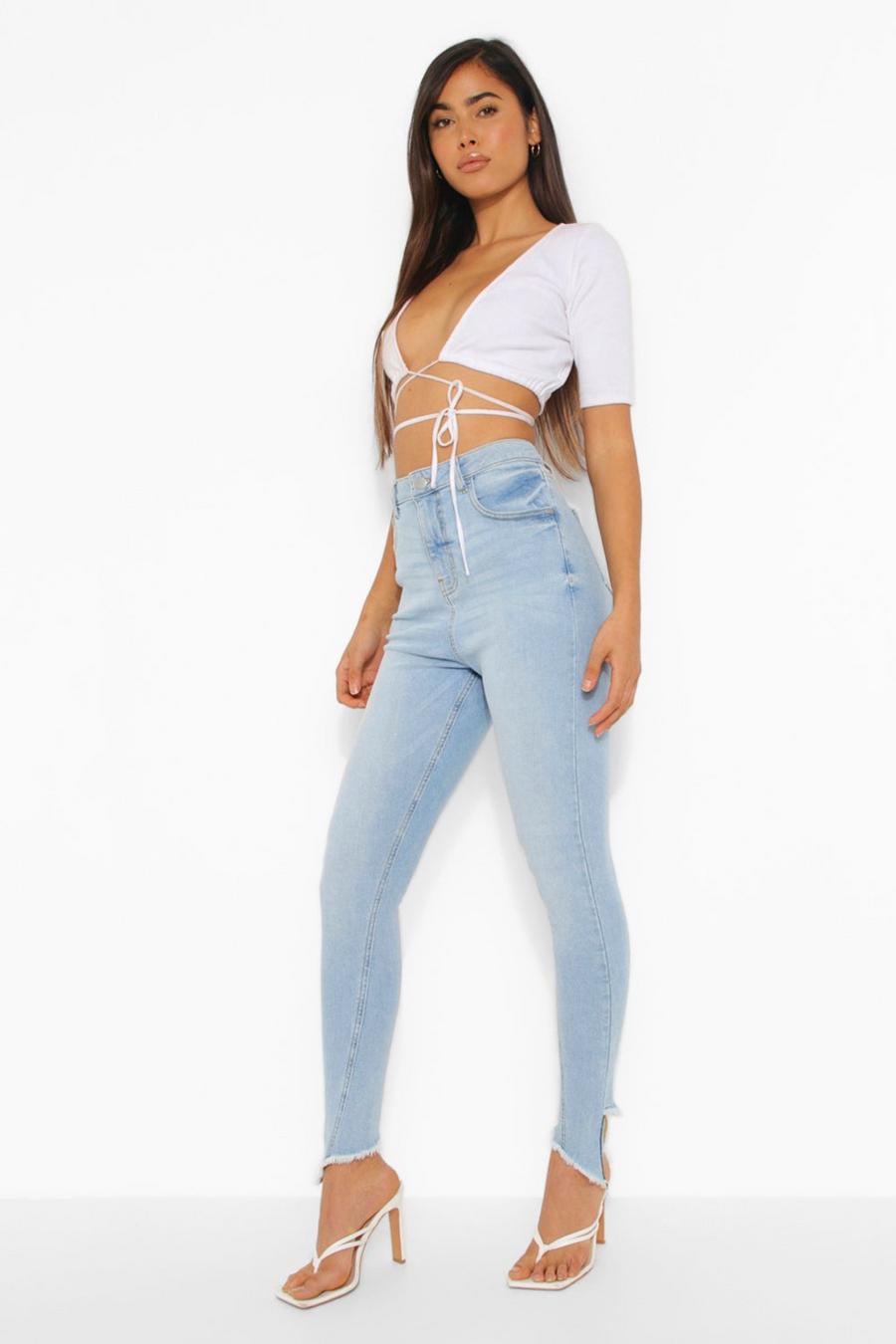 Zerrissene Skinny Jeans mit asymmetrischem Saum, Light blue image number 1