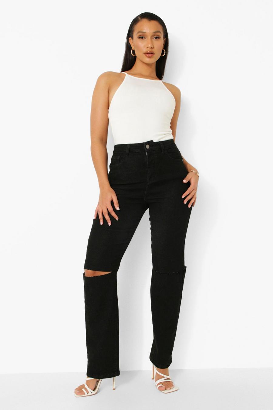 Black Slashed Knee High Rise Straight Fit Jeans