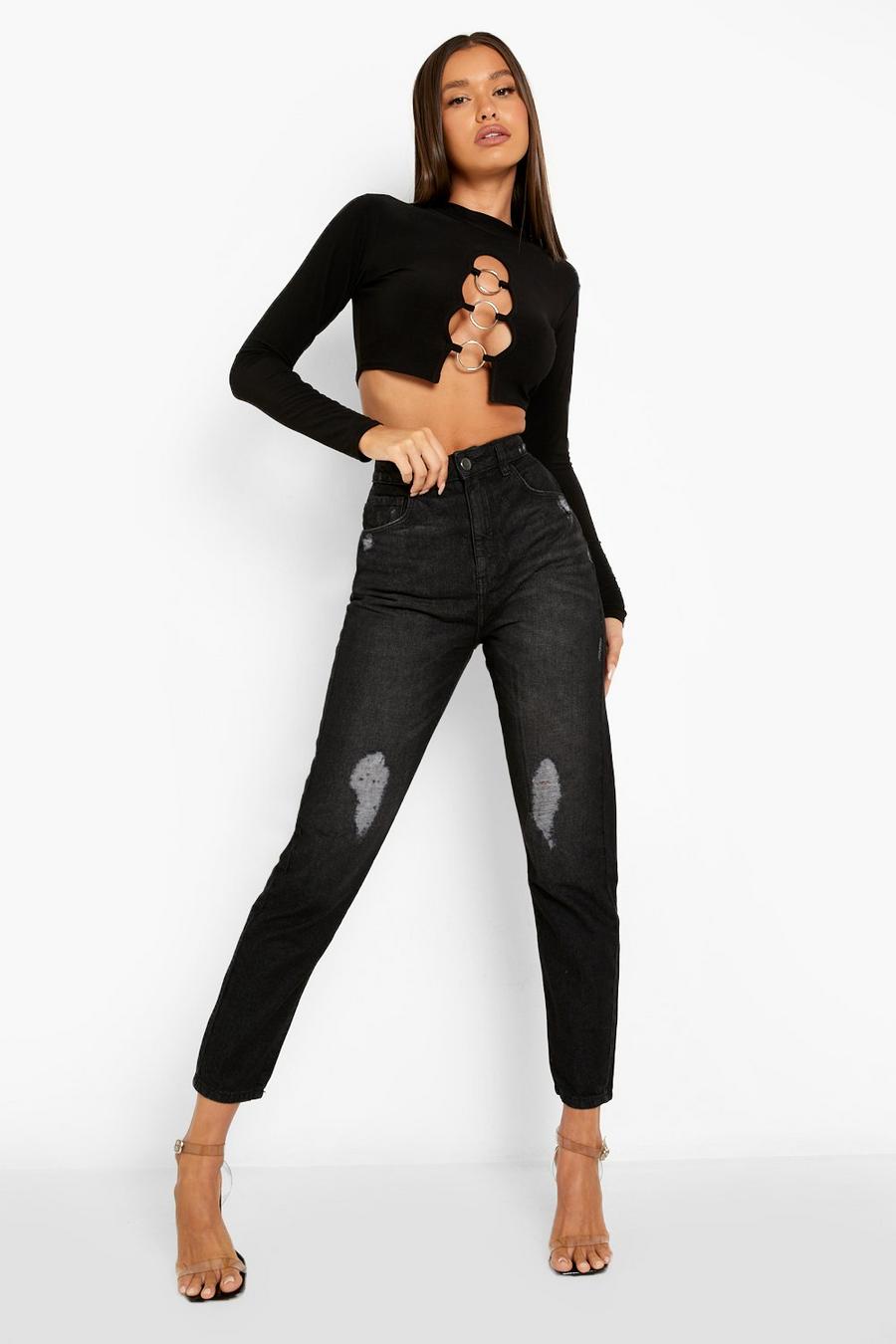Black Slitna mom jeans med hög midja image number 1
