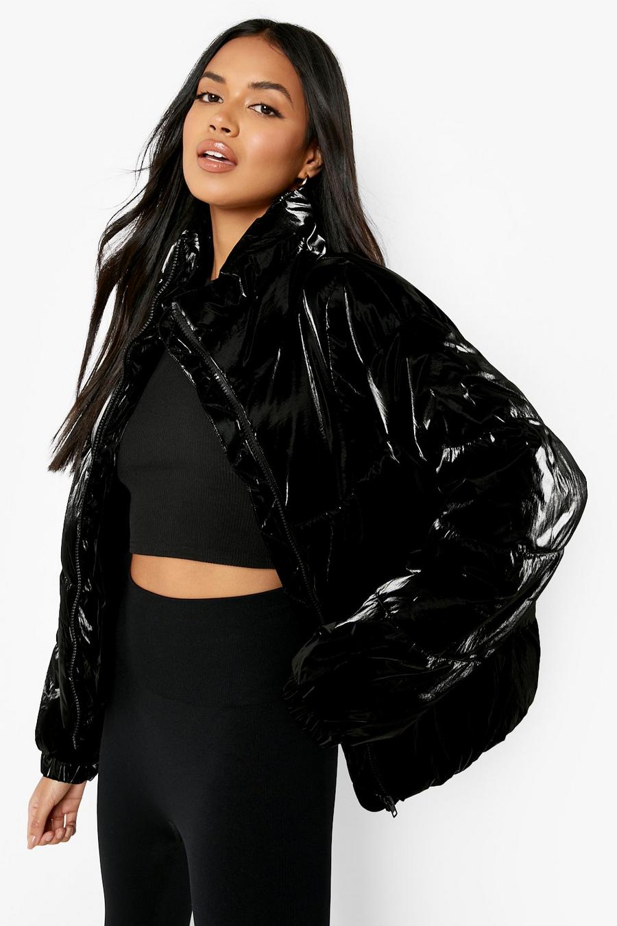 Black Recycled Velvet Look Puffer Jacket image number 1