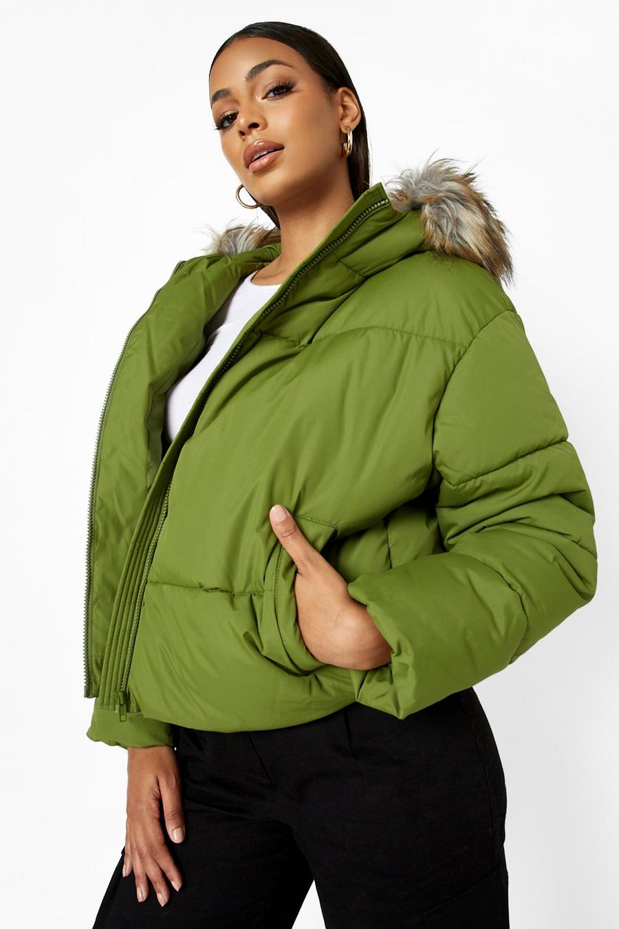 Khaki Recycled Faux Fur Trim Hooded Puffer Jacket image number 1