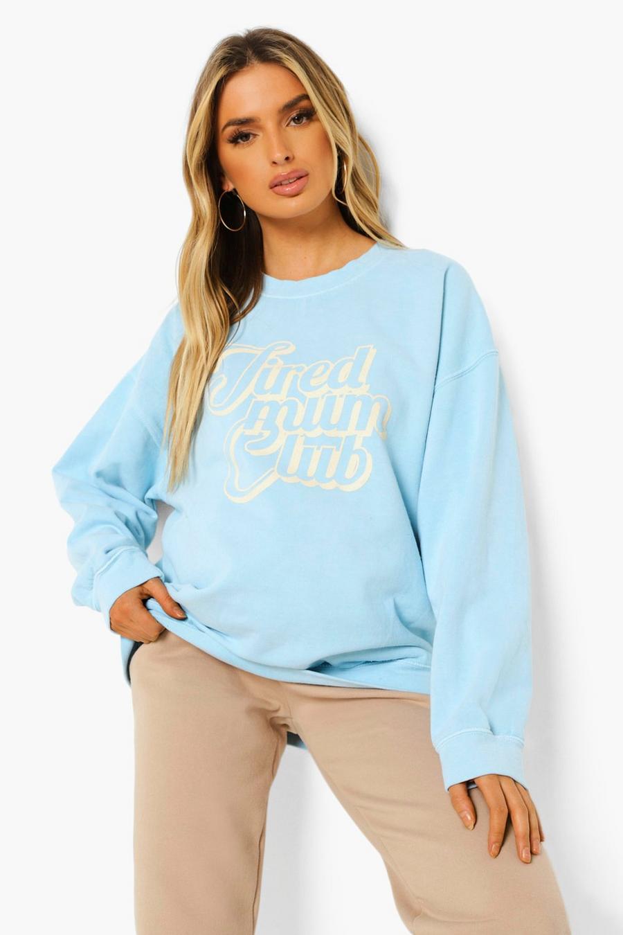 Umstandsmode Sweatshirt mit Washed-Effekt und „Tired Mum Club“-Slogan, Babyblau image number 1