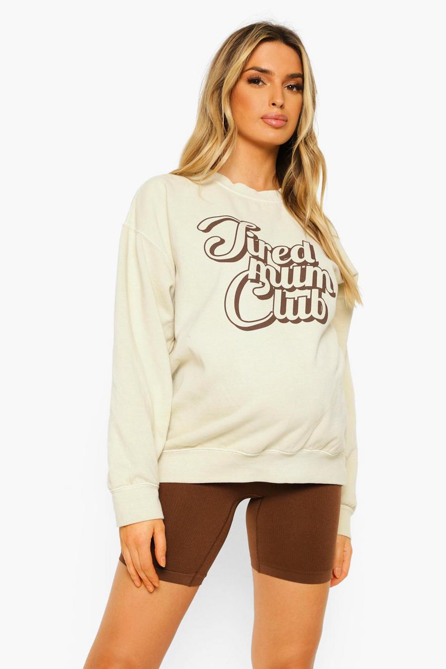 Umstandsmode Sweatshirt mit Washed-Effekt und „Tired Mum Club“-Slogan, Naturfarben image number 1