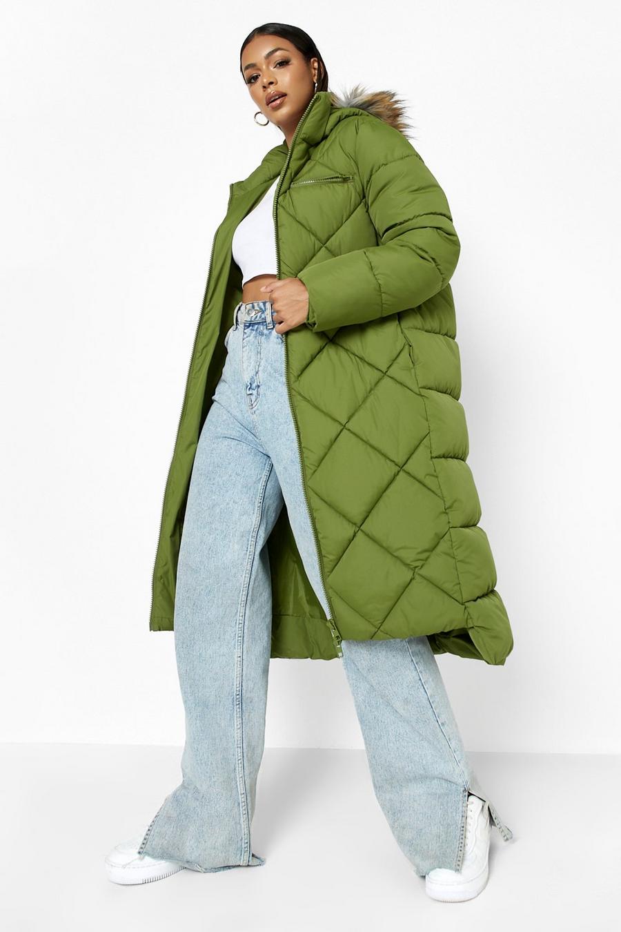 Khaki Recycled Longline Faux Fur Trim Puffer Jacket