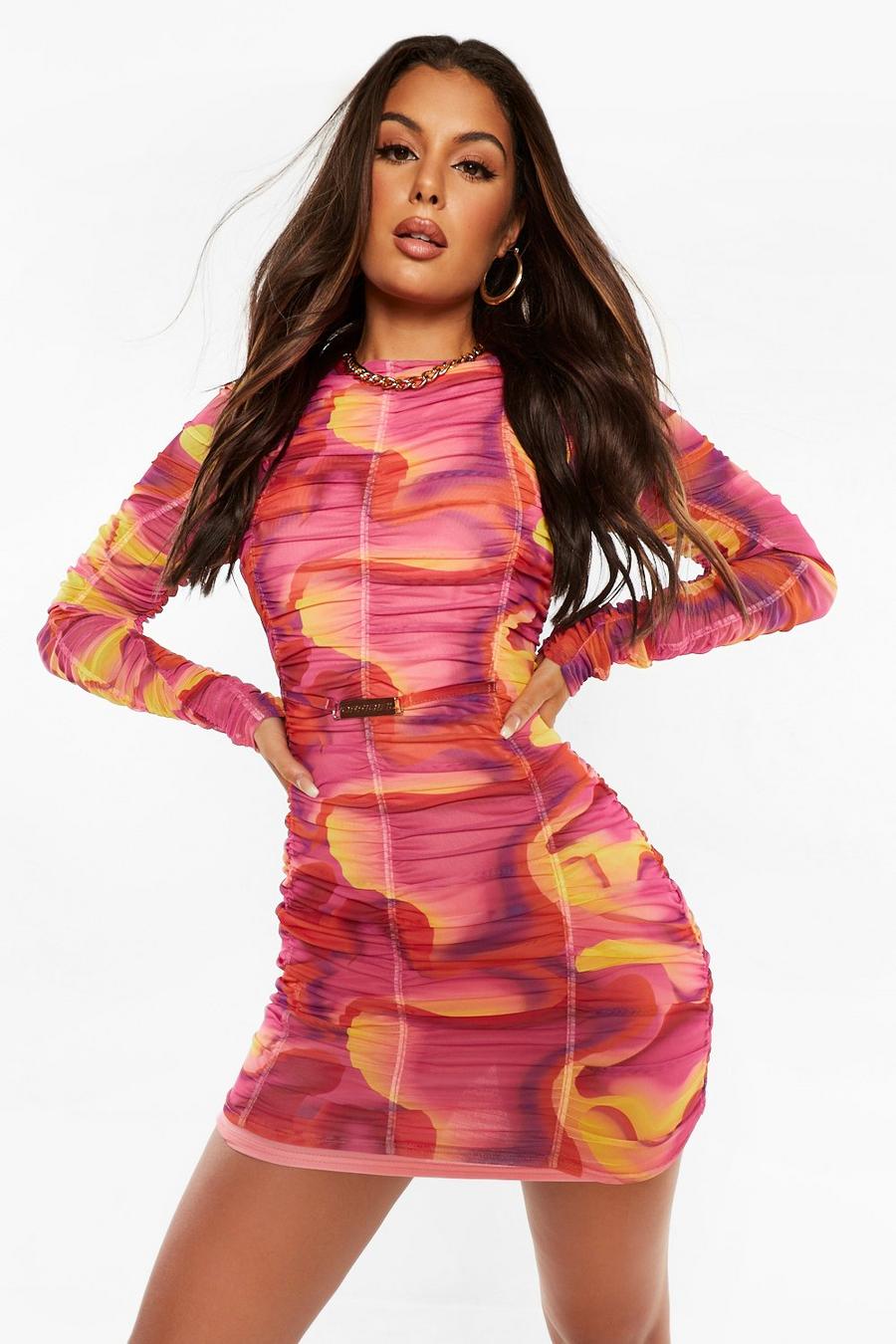 Pink Abstract Print Ruched Mini Dress image number 1