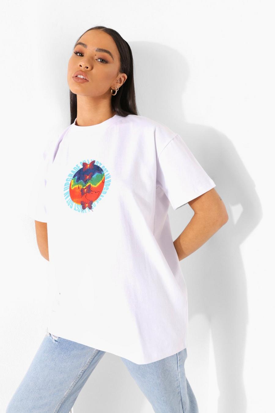 White Butterfly Print Oversized T Shirt image number 1