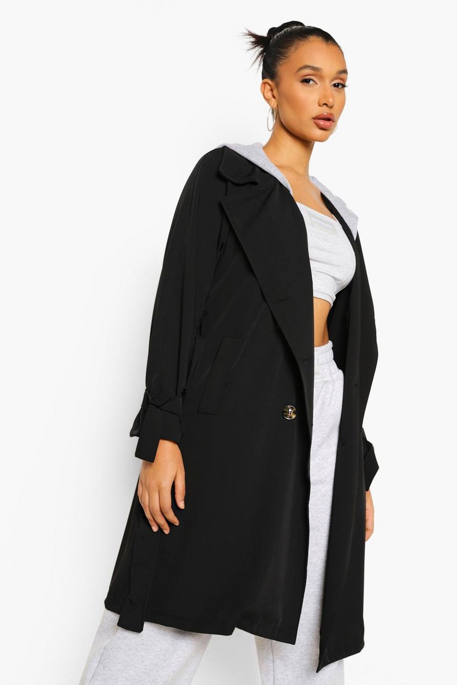 Black Hooded Woven Trench Coat image number 1
