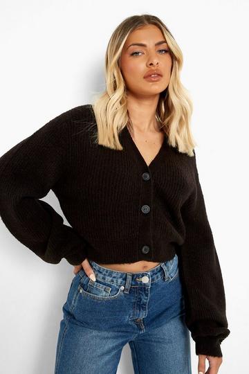 Black Balloon Sleeve Cropped Cardigan