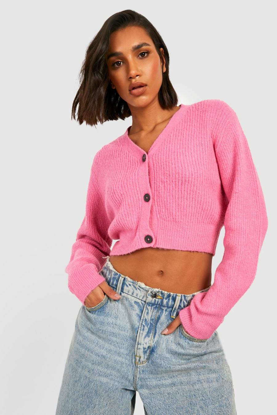 Pink Balloon Sleeve Cropped Cardigan image number 1