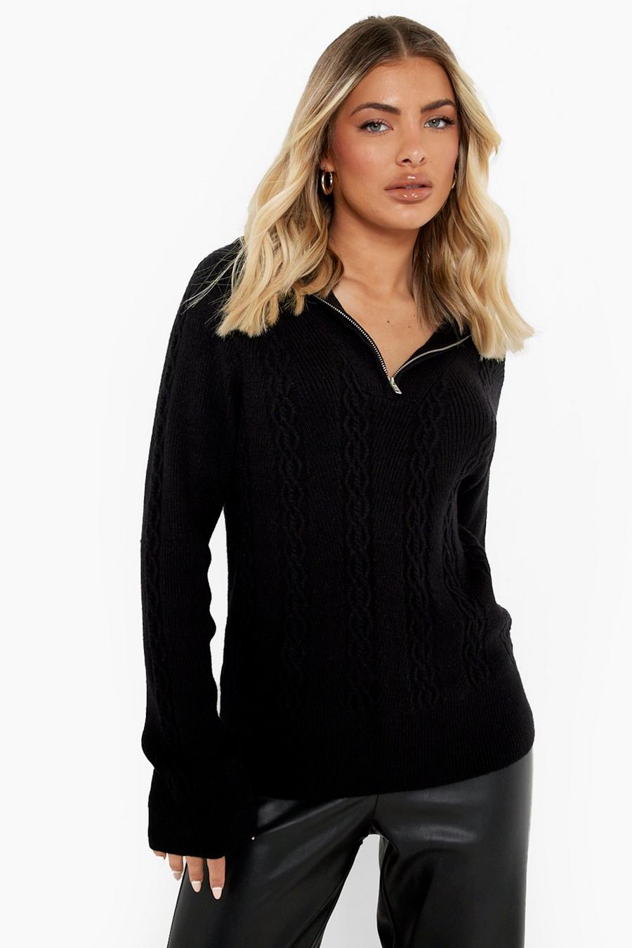 Black Polo Zip Chunky Jumper image number 1