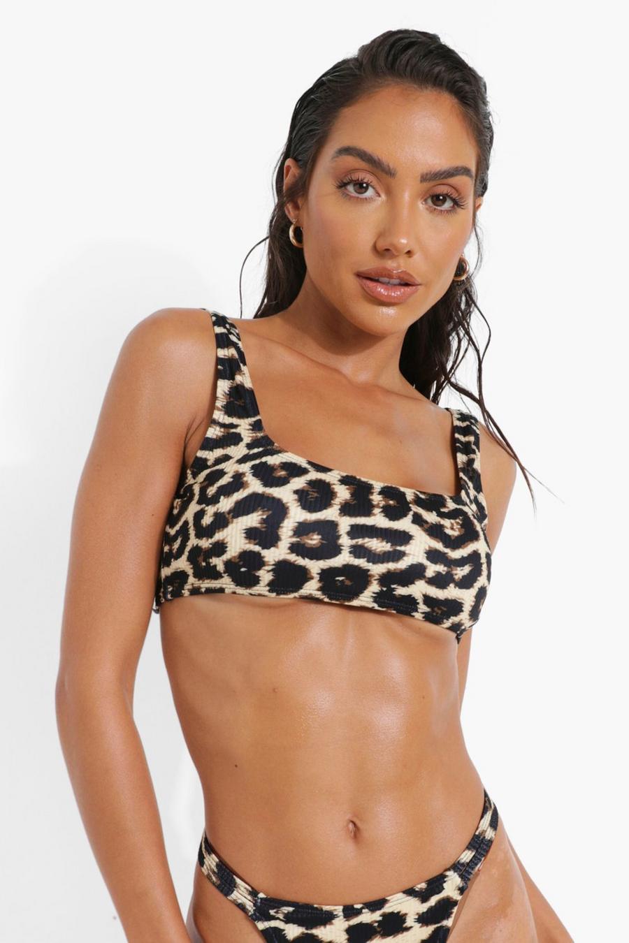 Brown Ribbad bikinitopp med leopardmönster och låg rygg image number 1