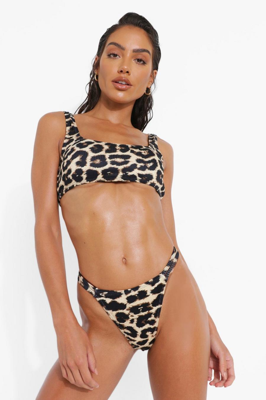 Slip bikini a perizoma a coste in fantasia leopardata con due laccetti laterali, Brown image number 1