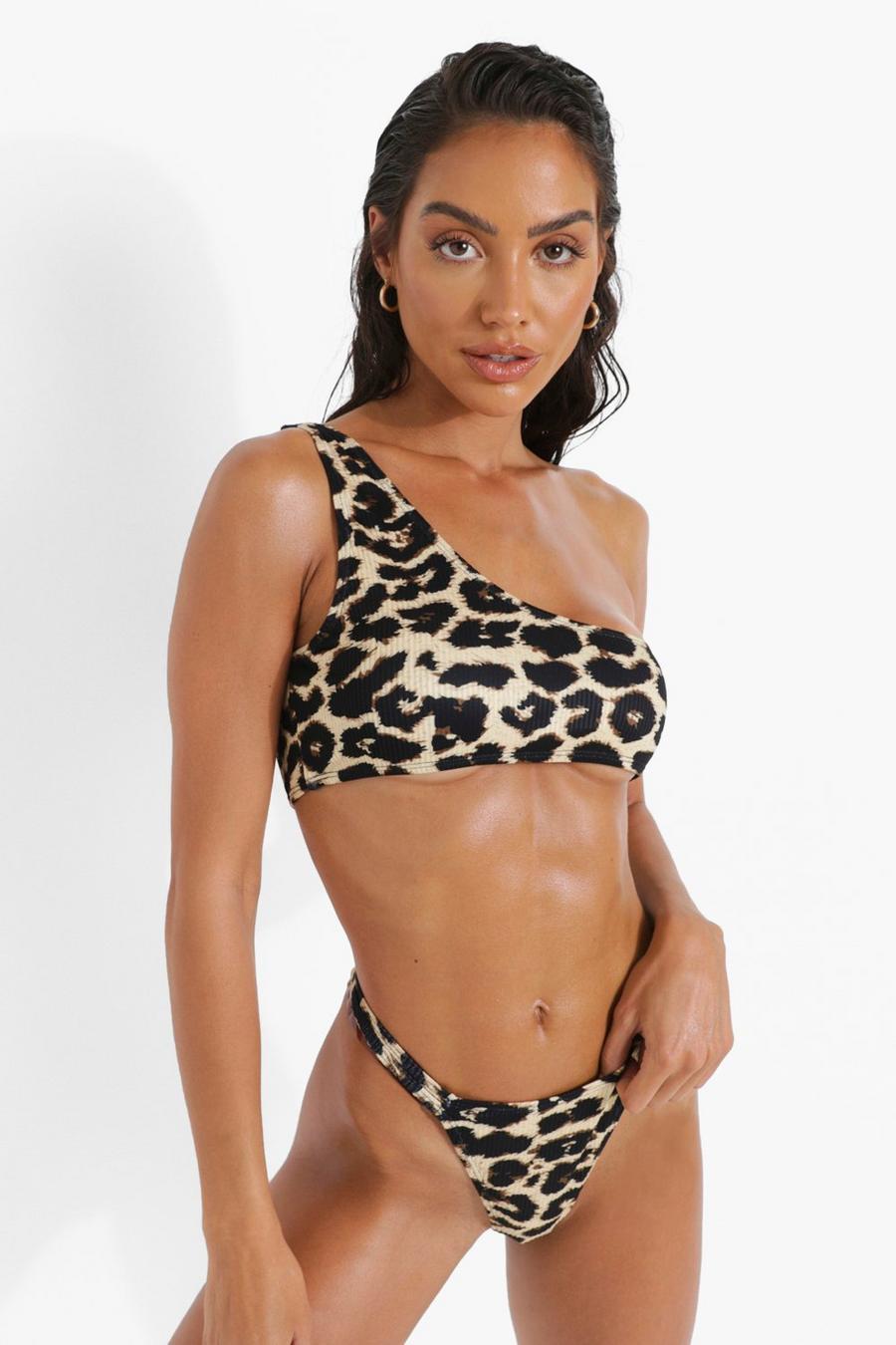Brown Geribbelde Luipaardprint Bikini Top Met Eén Blote Schouder image number 1