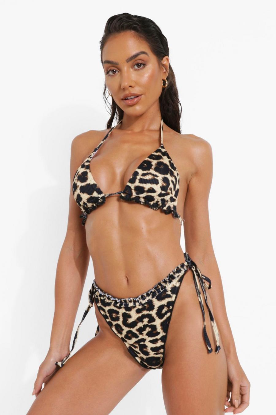 Brown Leopard Ribbed Frill Bikini Brief image number 1