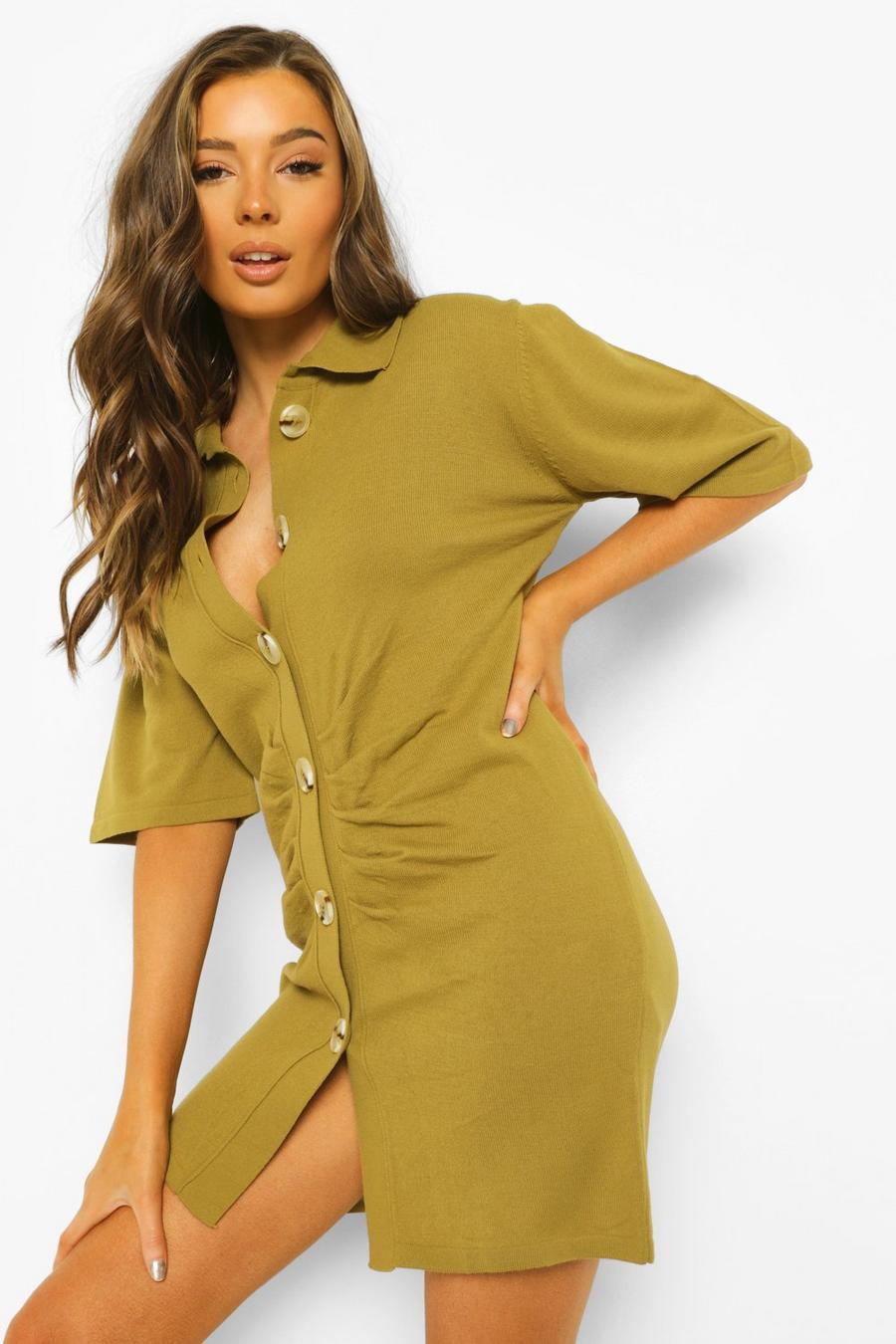 Olive Button Through Ruched Knitted Dress image number 1