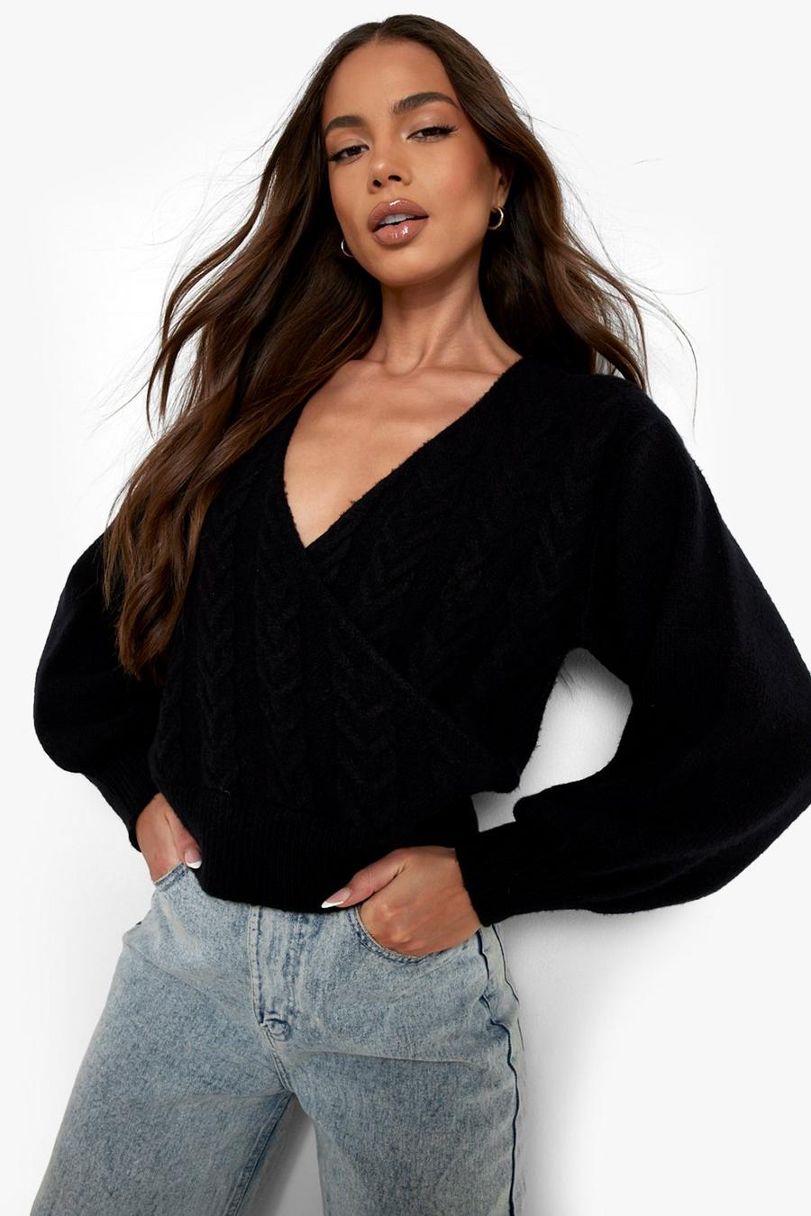 Black Cable Knit Wrap Crop Sweater image number 1