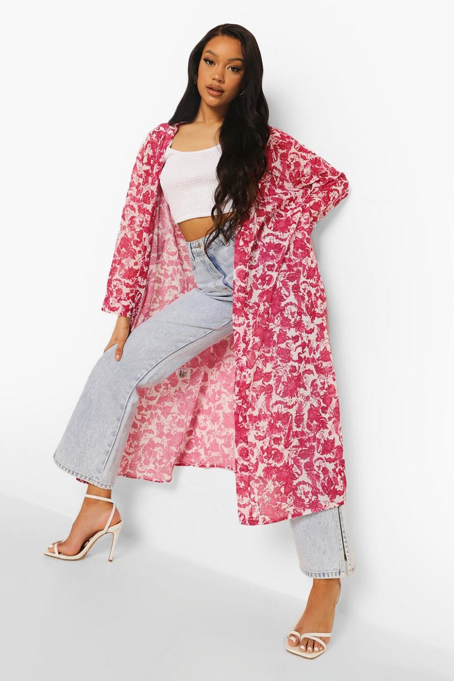 Hot pink Oversize kimono i chiffong med blommönster image number 1