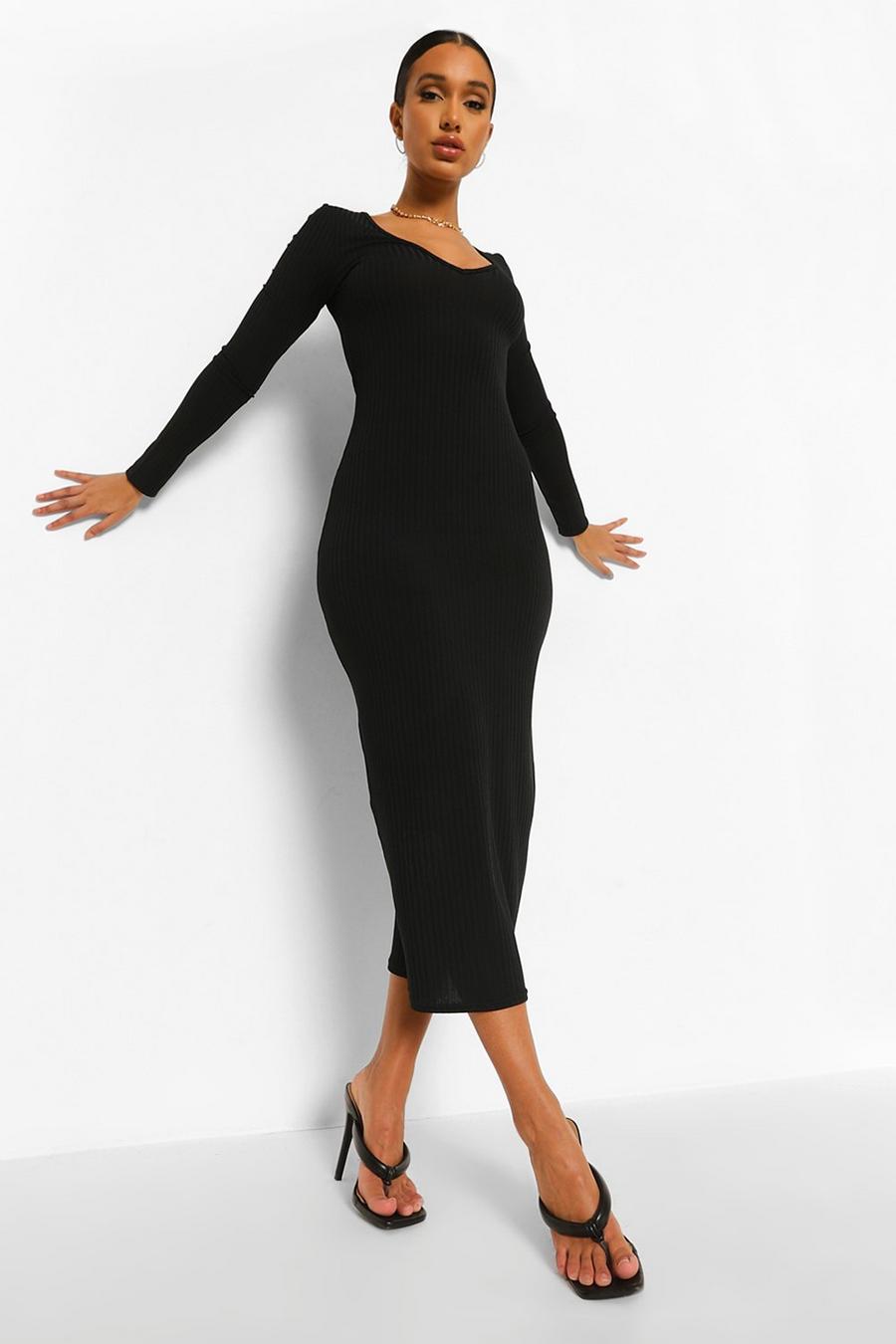 Geripptes Midaxi Bodycon-Kleid mit U-Ausschnitt, Schwarz image number 1