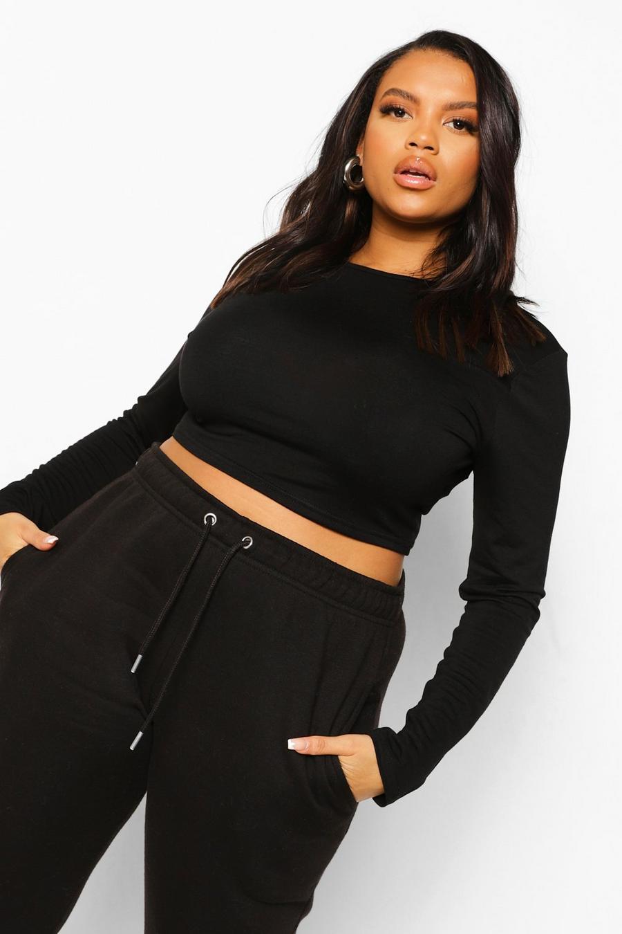 Black Plus Long Sleeve Crew Neck Crop Top image number 1