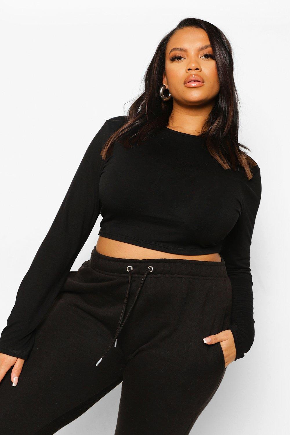 Long sleeve crew neck crop top sale