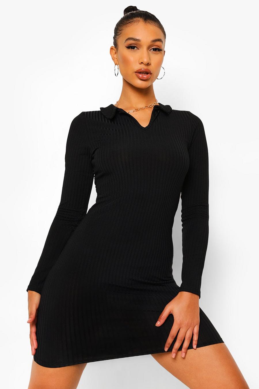 Black Rib Collared Long Sleeve Mini Dress image number 1