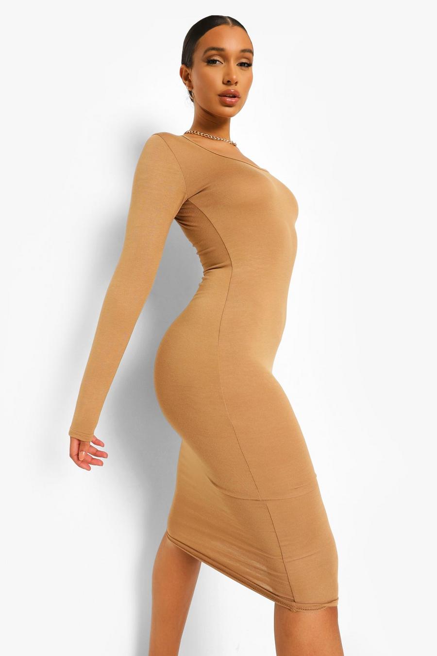 Langärmeliges Midi-Bodycon-Kleid, Kamelhaarfarben image number 1