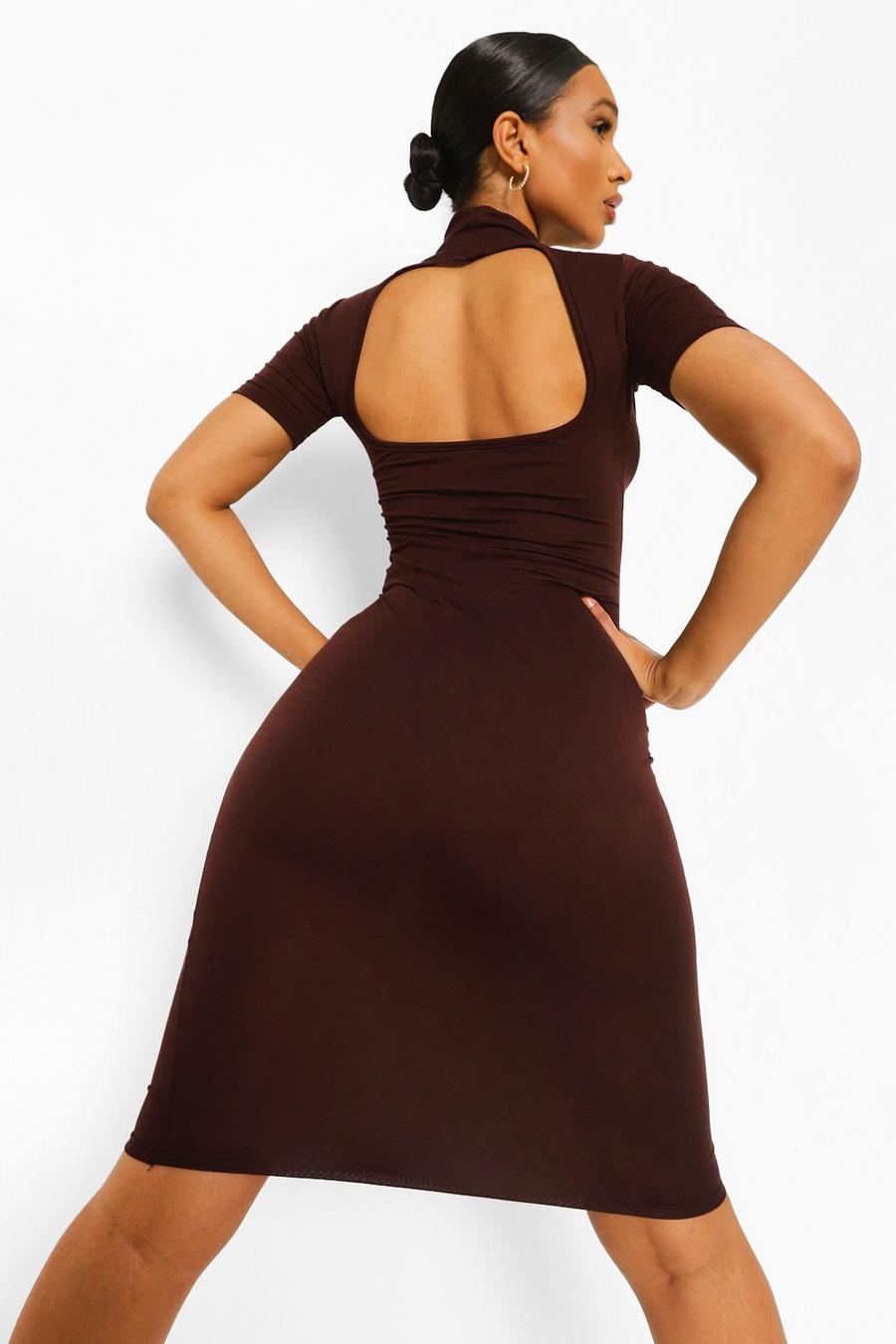 Chocolate High Neck Cut Out Back Midi Dress image number 1