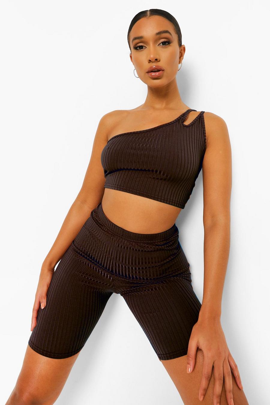 Chocolate Rib One Shoulder Strappy Crop Top image number 1