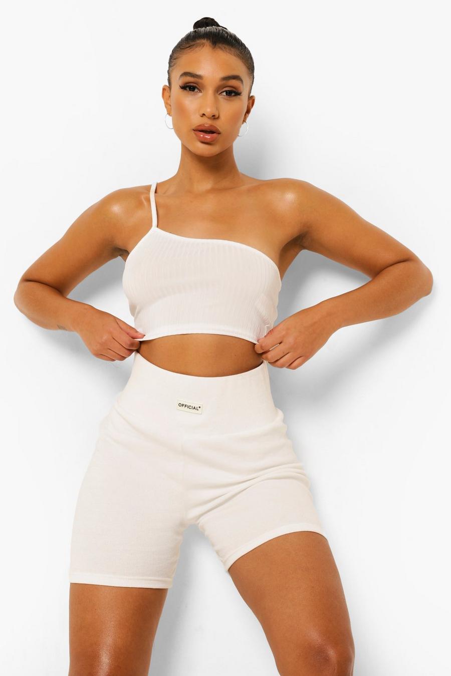 White Rib Strappy One Shoulder Crop Top image number 1
