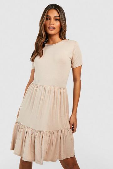 Short Sleeve Drop Hem Smock Dress stone